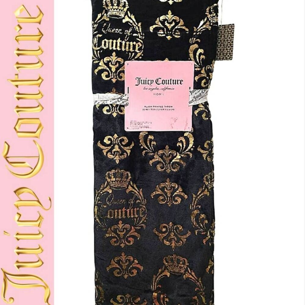 Juicy Couture Gold Foil Queen Of Couture Crown Logo Throw Blanket